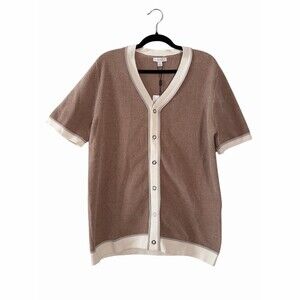 Reiss Shirt Cardigan Mens M Beige V-Neck Short Sleeve Press Stud NWT